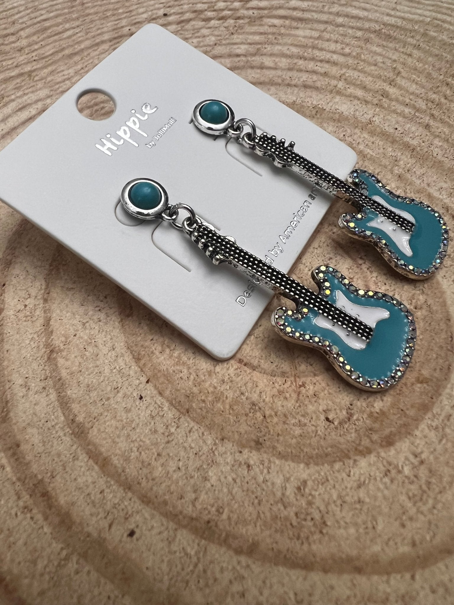 Western Turquoise Guitar Dangle Earrings - 2 inch drop - Cowhide and Conchos