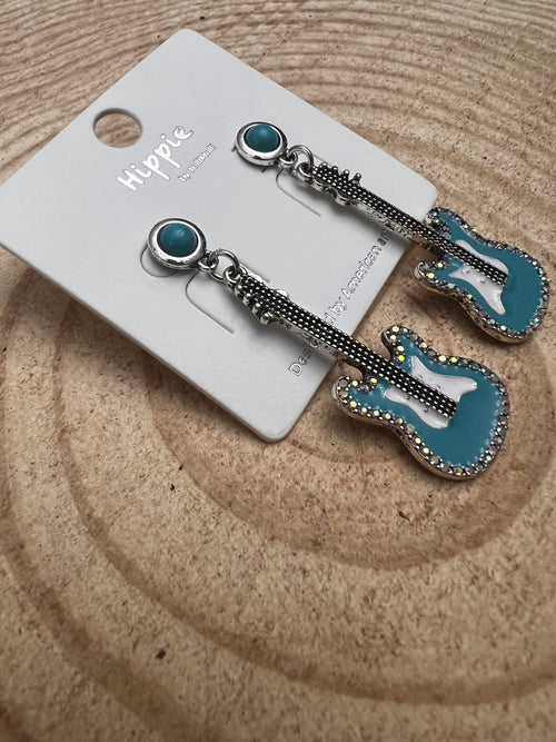 Western Turquoise Guitar Dangle Earrings - 2 inch drop - Cowhide and Conchos