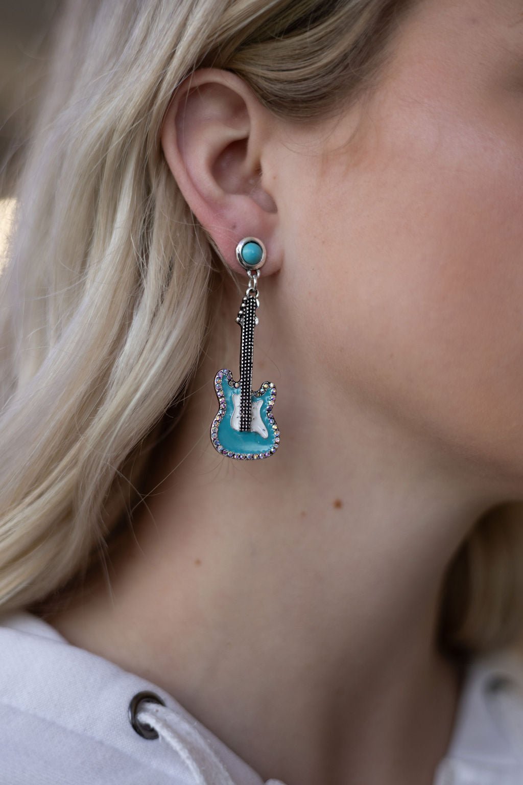 Western Turquoise Guitar Dangle Earrings - 2 inch drop - Cowhide and Conchos