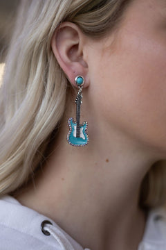 Western Turquoise Guitar Dangle Earrings - 2 inch drop - Cowhide and Conchos