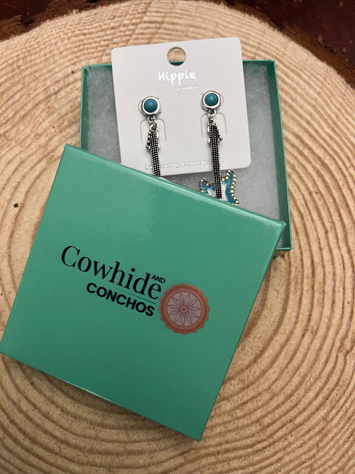 Western Turquoise Guitar Dangle Earrings - 2 inch drop - Cowhide and Conchos