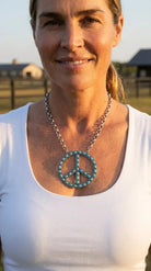 Western Turquoise Peace Pendant Necklace — 22 Inch Statement with 3" Pendant - Cowhide and Conchos