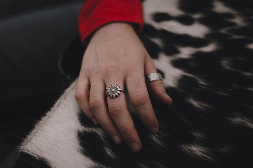 Western Wildflower Ring - Solid sterling silver western sunflower ring - Cowhide and Conchos