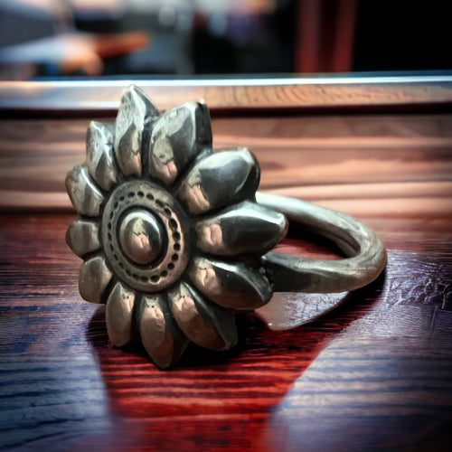 Western Wildflower Ring - Solid sterling silver western sunflower ring - Cowhide and Conchos