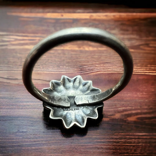 Western Wildflower Ring - Solid sterling silver western sunflower ring - Cowhide and Conchos