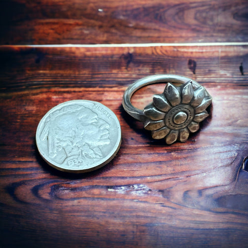 Western Wildflower Ring - Solid sterling silver western sunflower ring - Cowhide and Conchos
