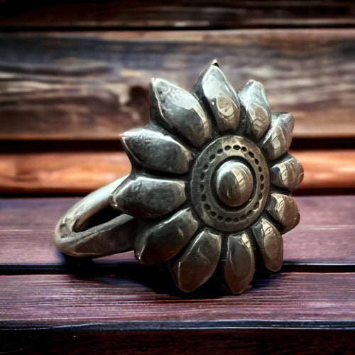 Western Wildflower Ring - Solid sterling silver western sunflower ring - Cowhide and Conchos