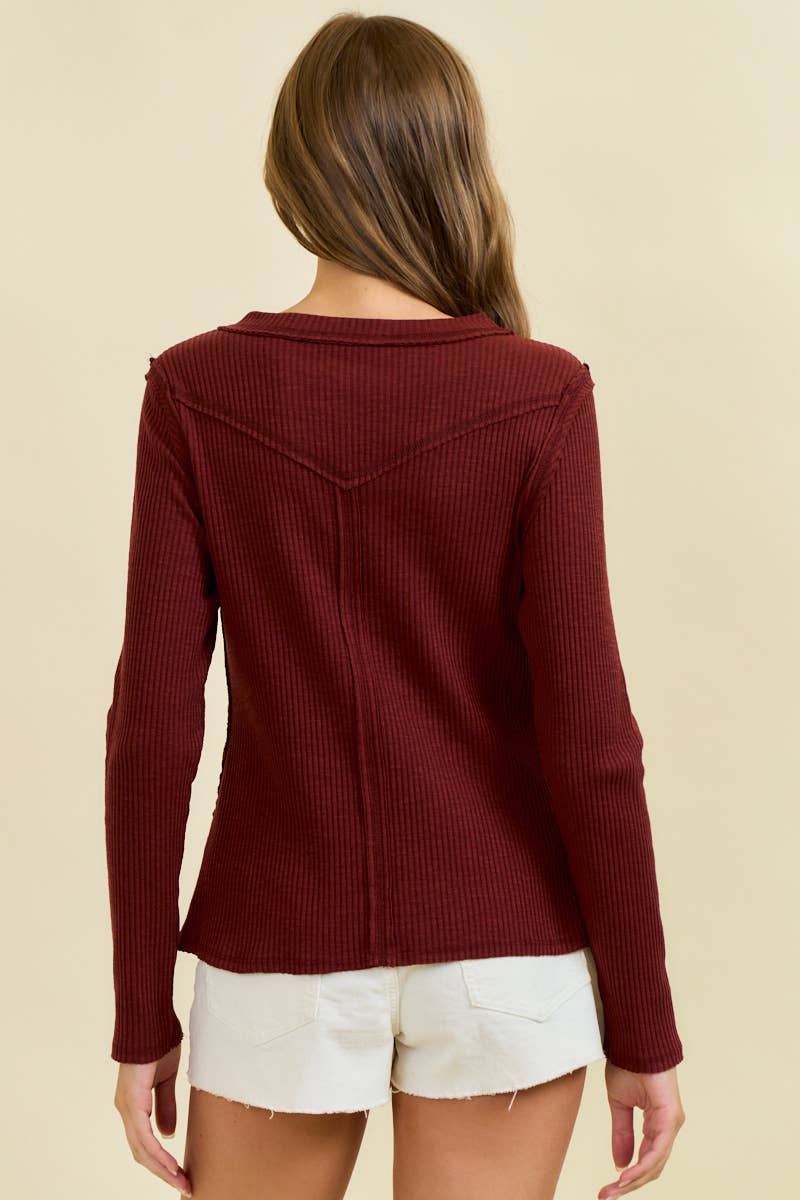 Western Yoke Ribbed Long sleeved Tee - Cowhide and Conchos