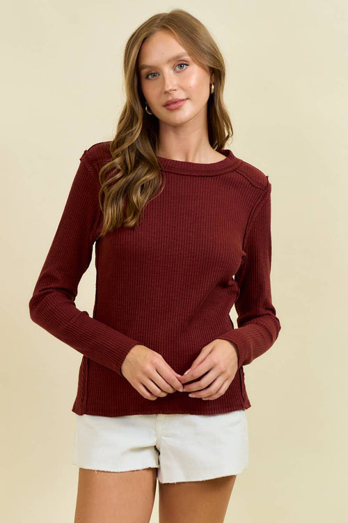 Western Yoke Ribbed Long sleeved Tee - Cowhide and Conchos