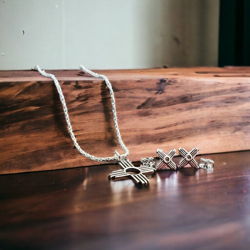 Western Zia Jewelry Set - Pendant, chain, and post earrings in sterling silver - Cowhide and Conchos