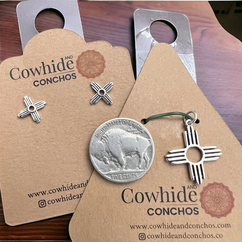 Western Zia Jewelry Set - Pendant, chain, and post earrings in sterling silver - Cowhide and Conchos