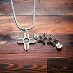 Western Zia Jewelry Set - Pendant, chain, and post earrings in sterling silver - Cowhide and Conchos