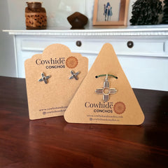 Western Zia Jewelry Set - Pendant, chain, and post earrings in sterling silver - Cowhide and Conchos
