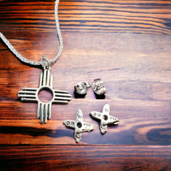Western Zia Jewelry Set - Pendant, chain, and post earrings in sterling silver - Cowhide and Conchos