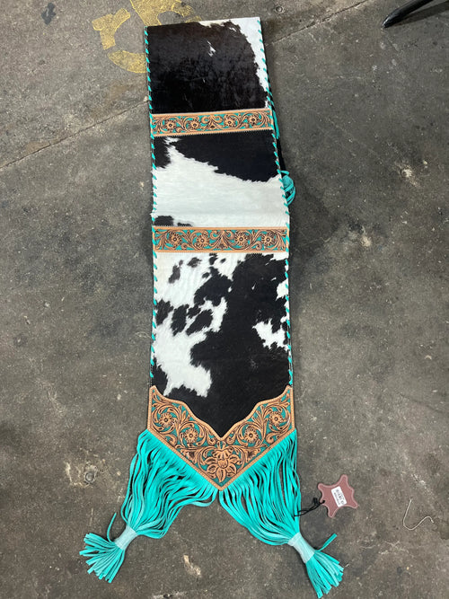 Turquoise Cowhide Fringe Table Runner - 6ft