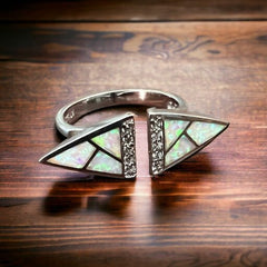 White Opalite & CZ on Sterling Silver Ring - Size 7.5 - Cowhide and Conchos