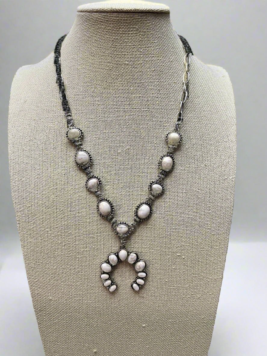 White Stone Faux Squash Blossom Necklace - 16 inch + 3 - Cowhide and Conchos