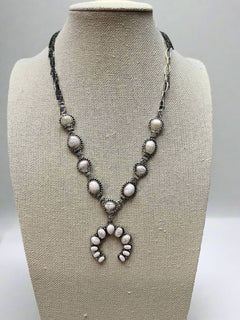 White Stone Faux Squash Blossom Necklace - 16 inch + 3 - Cowhide and Conchos