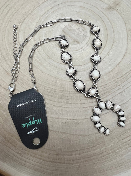 White Stone Faux Squash Blossom Necklace - 16 inch + 3 - Cowhide and Conchos