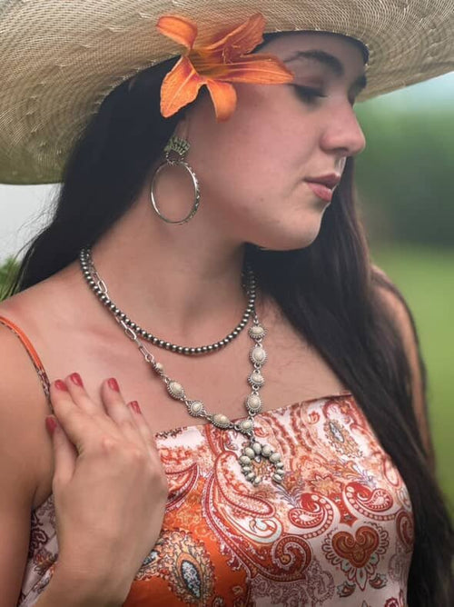 White Stone Faux Squash Blossom Necklace - 16 inch + 3 - Cowhide and Conchos