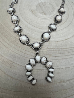 White Stone Faux Squash Blossom Necklace - 16 inch + 3 - Cowhide and Conchos
