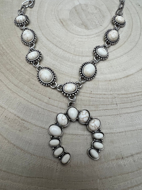 White Stone Faux Squash Blossom Necklace - 16 inch + 3 - Cowhide and Conchos