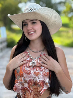 White Stone Faux Squash Blossom Necklace - 16 inch + 3 - Cowhide and Conchos