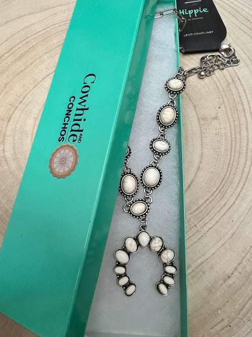 White Stone Faux Squash Blossom Necklace - 16 inch + 3 - Cowhide and Conchos