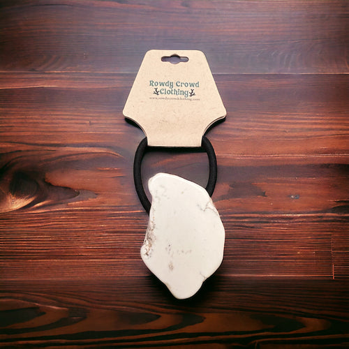 White Stone Ponytail Holder - Cowhide and Conchos