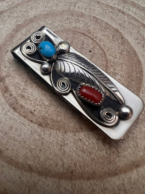 Wilbur Myers Coral, Turquoise & Sterling Silver Money Clip - Cowhide and Conchos