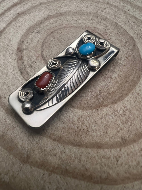 Wilbur Myers Coral, Turquoise & Sterling Silver Money Clip - Cowhide and Conchos