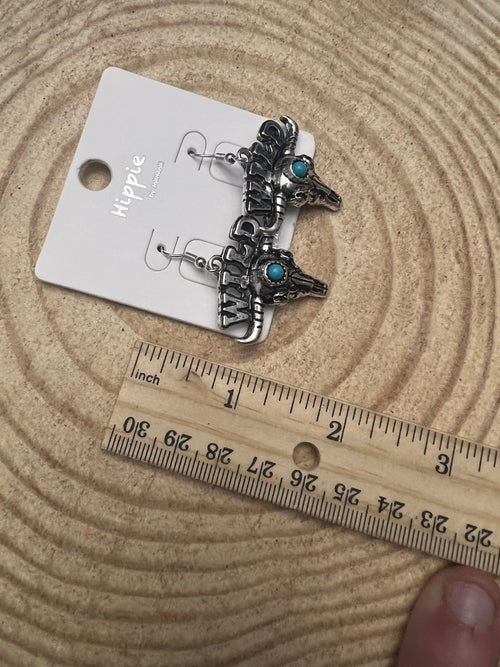 Wild Bull Skull Earrings - 1 1/2 inch drop - Cowhide and Conchos