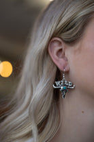 Wild Bull Skull Earrings - 1 1/2 inch drop - Cowhide and Conchos