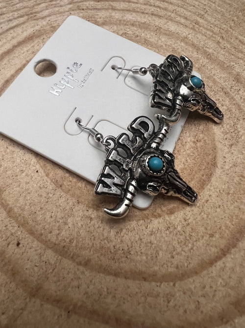 Wild Bull Skull Earrings - 1 1/2 inch drop - Cowhide and Conchos