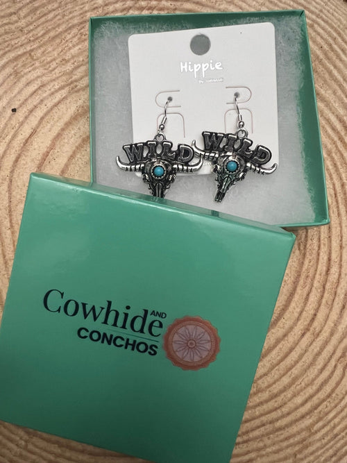 Wild Bull Skull Earrings - 1 1/2 inch drop - Cowhide and Conchos