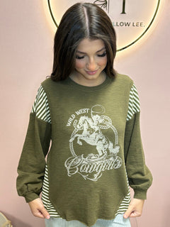 Wild West Cowgirls Graphic Knit Top - Taupe or Olive - Cowhide and Conchos