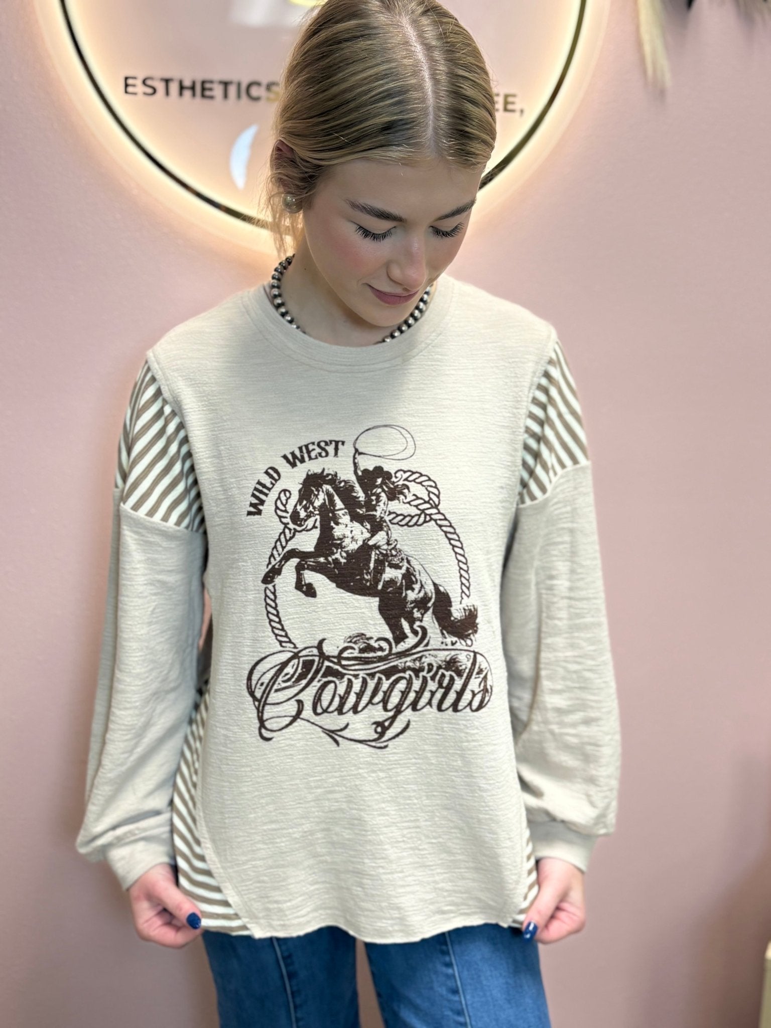 Wild West Cowgirls Graphic Knit Top - Taupe or Olive - Cowhide and Conchos