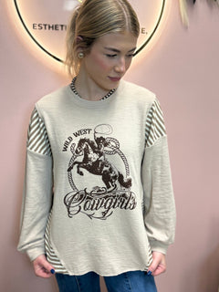 Wild West Cowgirls Graphic Knit Top - Taupe or Olive - Cowhide and Conchos