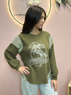 Wild West Cowgirls Graphic Knit Top - Taupe or Olive - Cowhide and Conchos