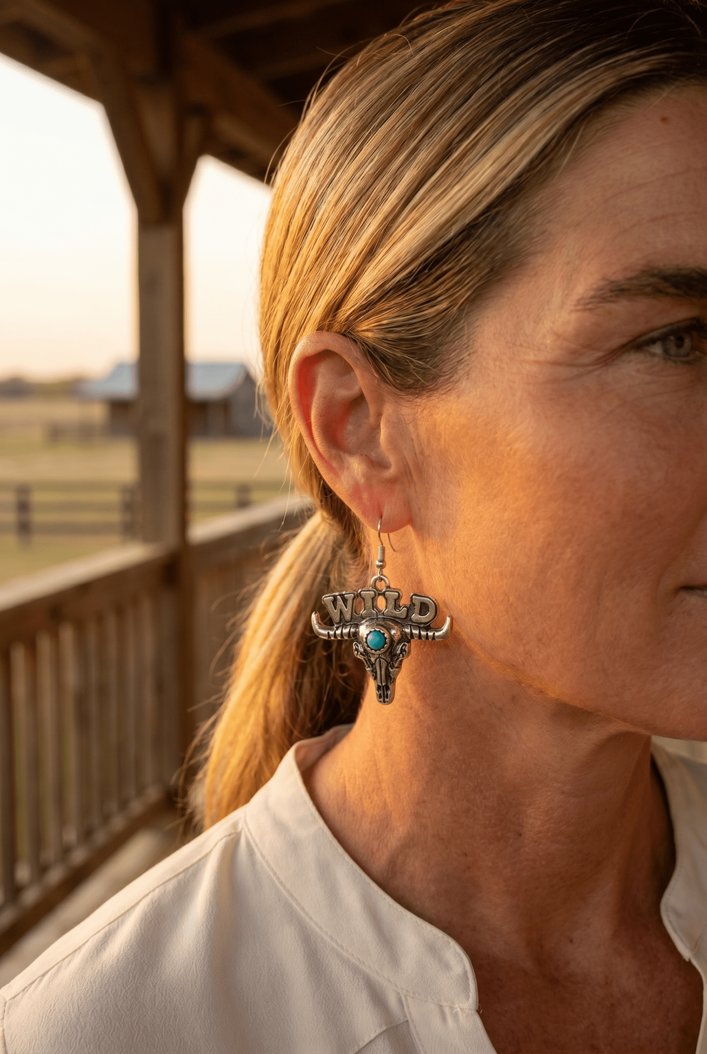 Wild Western Bull Skull Dangle Earrings — Edgy 1½" Drop - Cowhide and Conchos