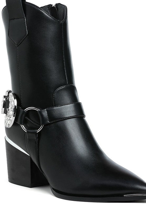 Woodstock Diamante Embellished Pin Buckle Boots - Cowhide and Conchos