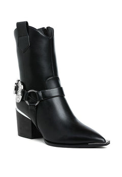 Woodstock Diamante Embellished Pin Buckle Boots - Cowhide and Conchos