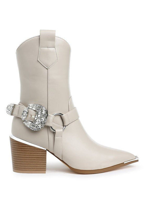 Woodstock Diamante Embellished Pin Buckle Boots - Cowhide and Conchos