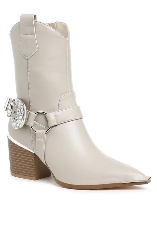 Woodstock Diamante Embellished Pin Buckle Boots - Cowhide and Conchos