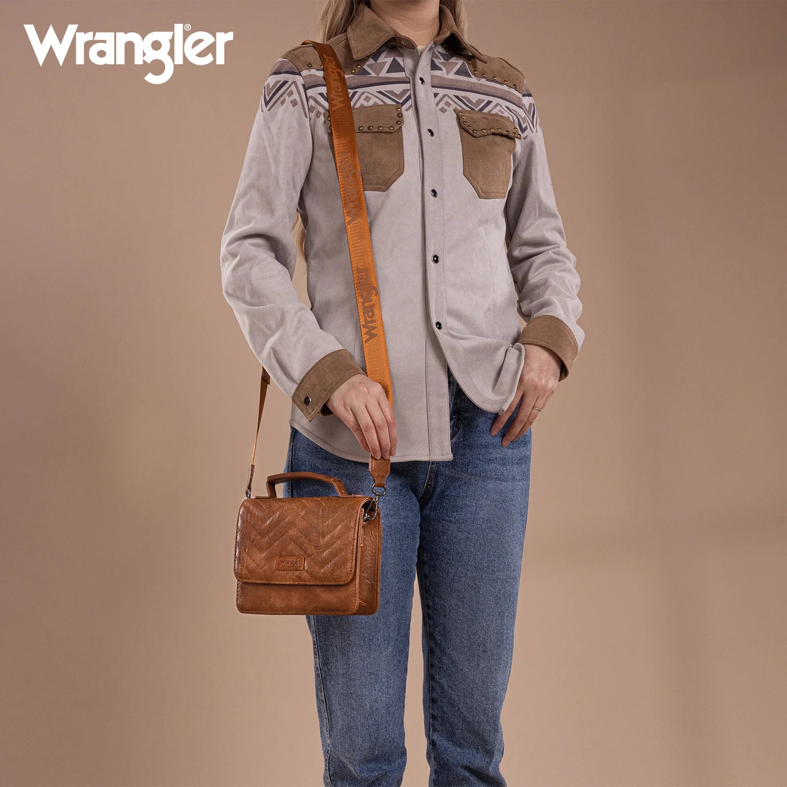 Wrangler 3PCs Set Mini Top Handle Crossbody Set - Saddle - Cowhide and Conchos