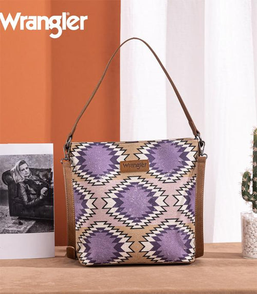 Wrangler Aztec Distressed Print Dual Sided Print Hobo Bag - Lilac Purple - Cowhide and Conchos