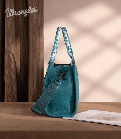 Wrangler Leopard Print Tote Crossbody - Turquoise - Cowhide and Conchos