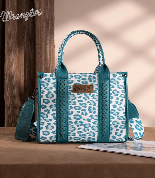 Wrangler Leopard Print Tote Crossbody - Turquoise - Cowhide and Conchos