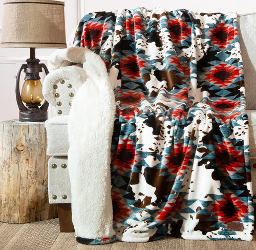 Wrangler® Southwest Cowhide Plush Sherpa Throw - Cowhide and Conchos