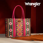 Wrangler Southwestern Pattern Dual Sided Print Canvas Wide Tote - Hot Pink - Cowhide and Conchos